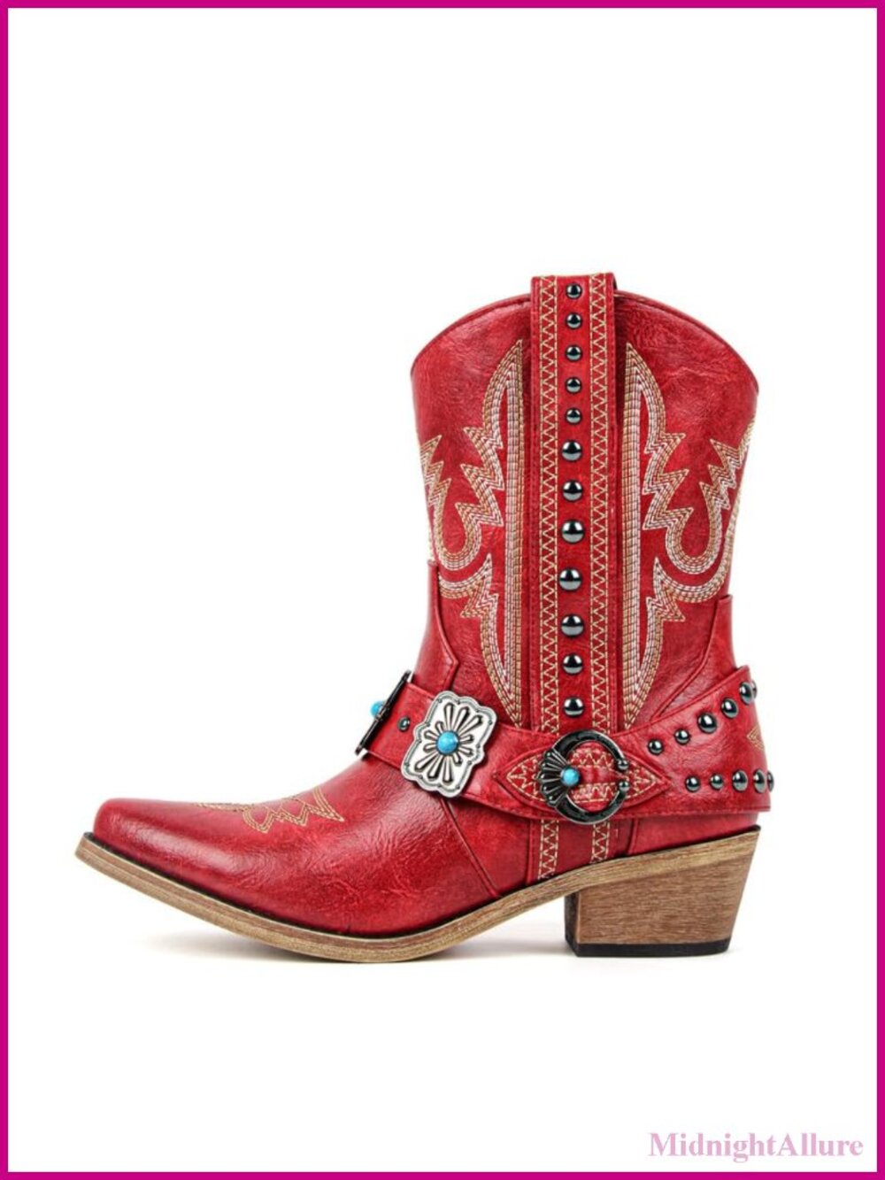 Women's Studded Embroidered Western Ankle Boots Pointed Toe Block Heel Cowgirl